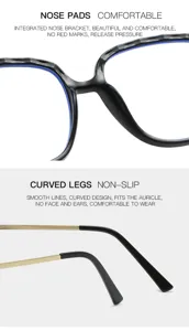Vista dettagliata occhiali anti luce blu, naselli integrati e aste curve antiscivolo.