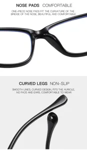 Detailed view of black TR90 optical glasses featuring comfortable nose pads and curved legs.