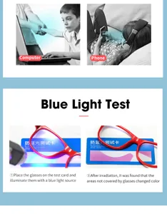 Kinder Blaulichtfilter Brille Detailseite mit Blaulichttest und Bildschirmschutz Vorführung.