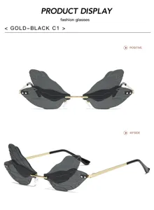 Modische Libellenflügel Sonnenbrille mit Goldmetallrahmen, trendige randlose Brille für Damen.