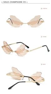 Detailansicht der Insektenflügel-Sonnenbrille mit goldenem Metallrahmen und Details.
