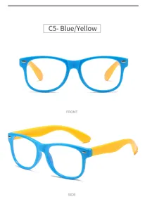 Kinder Blaulichtfilter Brille Detailansicht, blauer Rahmen mit gelben Silikonbugeln.