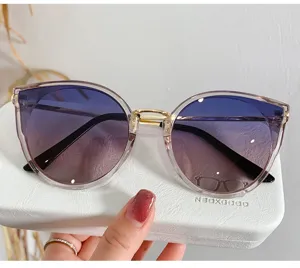 Gros plan détaillé de lunettes de soleil pour femmes violettes avec monture transparente.