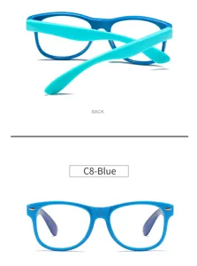 Kinder Blaulichtfilter Brille Detailansicht, flexible TR90 Blaue Brillenfassung fuer Jungen.