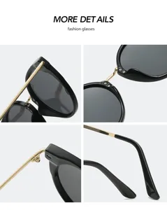 Lunettes de soleil polarisées pour femmes mode vue détaillée cadre noir et branches métal.