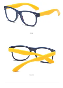 Detailansicht der Blaulichtfilter Brille für Kinder mit blauem Rahmen und gelben Bügeln.