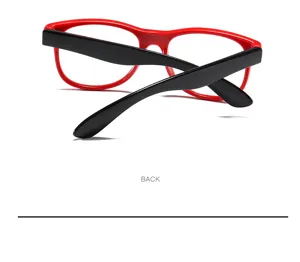 Kinder Blaulichtfilter Brille Detailansicht, roter Rahmen, schwarze flexible Buegel, hinten.