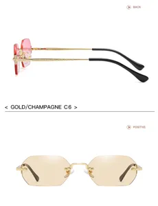Trendy polygon rimless sunglasses for women and men, stylish small frame eyewear detail view.