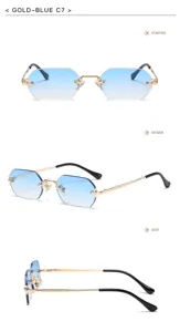 Polygon rimless sunglasses with gold frames and blue gradient lenses. Multi-angle detail view.