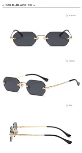 Fashion luxury polygonal rimless sunglasses for men and women, gold frame black lens stylish eyewear.