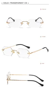 Gold transparent polygon rimless glasses detail view showing fashion metal frame and unique shape.