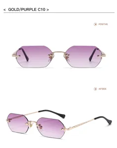 Stylish rimless polygon sunglasses with gradient purple lenses and gold metal frame for chic wear.