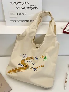 Beige canvas shoulder bag large capacity casual tote bag aesthetic graphic printed handbag