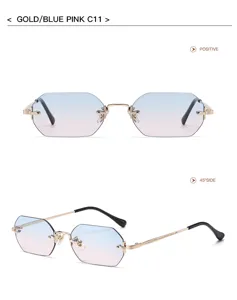 Trendy polygon rimless sunglasses with gradient lenses and metal frames for stylish street wear.