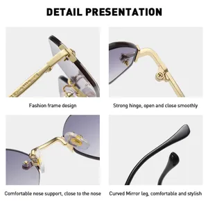 Polygon rimless sunglasses detail showing gold metal frame, gradient lenses and curved temples.