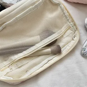 Portable large capacity travel cosmetic bag, mesh makeup pouch with zipper for daily use.