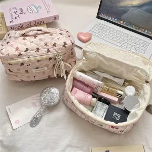 Cute bear print travel cosmetic bag, large capacity portable makeup organizer for women.