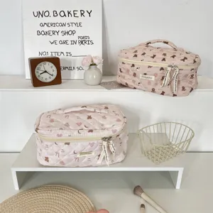 Pink quilted cosmetic bag with cute bear pattern, large capacity portable travel makeup bag.