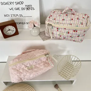 Large capacity quilted cosmetic bag portable travel makeup pouch with cute cartoon patterns.