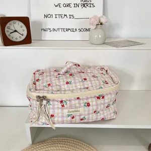 Quilted cosmetic bag with pink plaid and floral pattern, portable large capacity travel makeup bag.