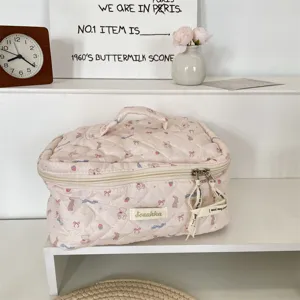 Cute quilted makeup bag for women, portable large capacity travel toiletry cosmetic organizer.