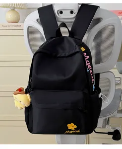 Minimalist black nylon school backpack with cute embroidery and pendant for student daily use