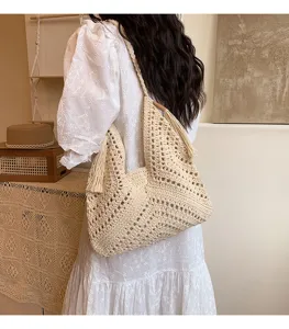 Handmade crochet women shoulder bag beach vacation casual tote bag crochet detail
