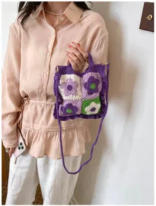 Handgemaakte gehaakte bloemen schoudertas voor dames, schattige gebreide tas met contrastkleur.