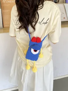 Handcrafted crochet crossbody phone bag with cute big eye design and contrast color style for women.