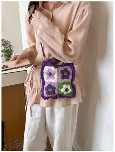 Chic borsa a tracolla in maglia floreale colorblock, elegante borsetta quadrata donna.
