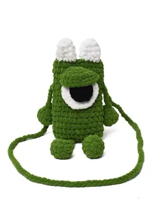 Handmade Green Crochet Phone Bag Cute Cartoon Crossbody Bag Knit Casual Shoulder Bag