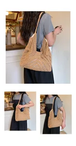Handmade crochet hollow tote bag, vintage beige knitted shoulder bag for women vacation beach.