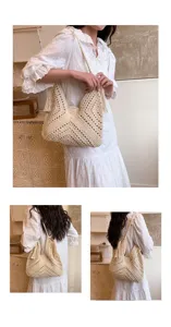 Detailed view of handmade hollow crochet shoulder bag showing elegant texture and daily styling.
