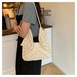 Handwoven crochet hollow shoulder bag stylish women vintage beach tote bag casual commuter purse