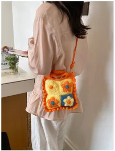 Gebreide bloemen colorblock klein schoudertasje, trendy handgemaakte gehaakte crossbody tas.