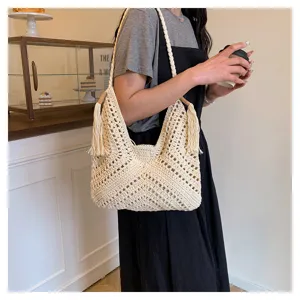 Handmade hollow-out crochet tote bag, retro beach vacation single shoulder bag for women.