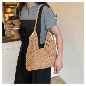 Handmade crochet hollow out shoulder tote bag for women vintage beach casual hobo handbag