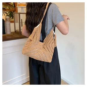 Handmade woven hollow women shoulder tote bag retro casual beach vacation handbag brown