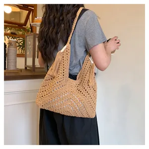 Casual retro hallowed out woven shoulder tote bag, ideal for beach holiday and daily commute.