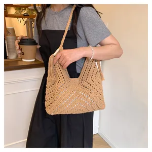 Chic beige crochet hollow-out shoulder bag, stylish everyday tote and beach vacation crossbody.