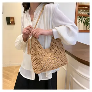 Handmade woven hollow-out shoulder bag, retro beach vacation tote for women daily commute.