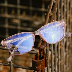 Clear pink square blue light blocking glasses TR90 optical frames for daily computer use.