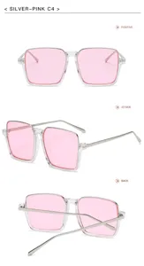 Lunettes de soleil carrées à verres roses, monture en métal argenté et bord transparent mode.