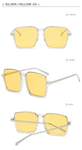 Lunettes de soleil carrées à monture transparente et verres jaunes en vue détaillée.