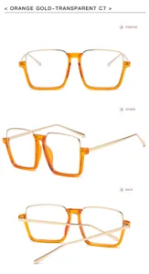 Grandes lunettes de soleil carrées transparentes orange avec branches en métal doré mode.