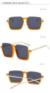 Vue détaillée de lunettes de soleil carrées à monture en acétate orange et branches dorées.