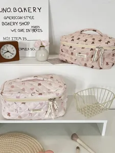 Pink quilted cartoon bear portable large capacity travel cosmetic bag and toiletry organizer main view
