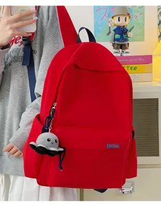 Korean style minimalist solid color large capacity school backpack with octopus pendant