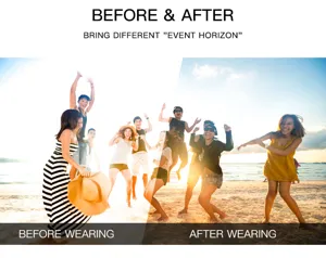 Polarized sunglasses wearing effect comparison showing vibrant colors at sunset beach.