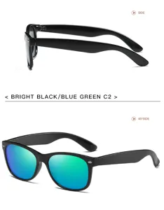 Detail view of classic 2140 sunglasses, black frame with blue-green colorful polarized lenses.